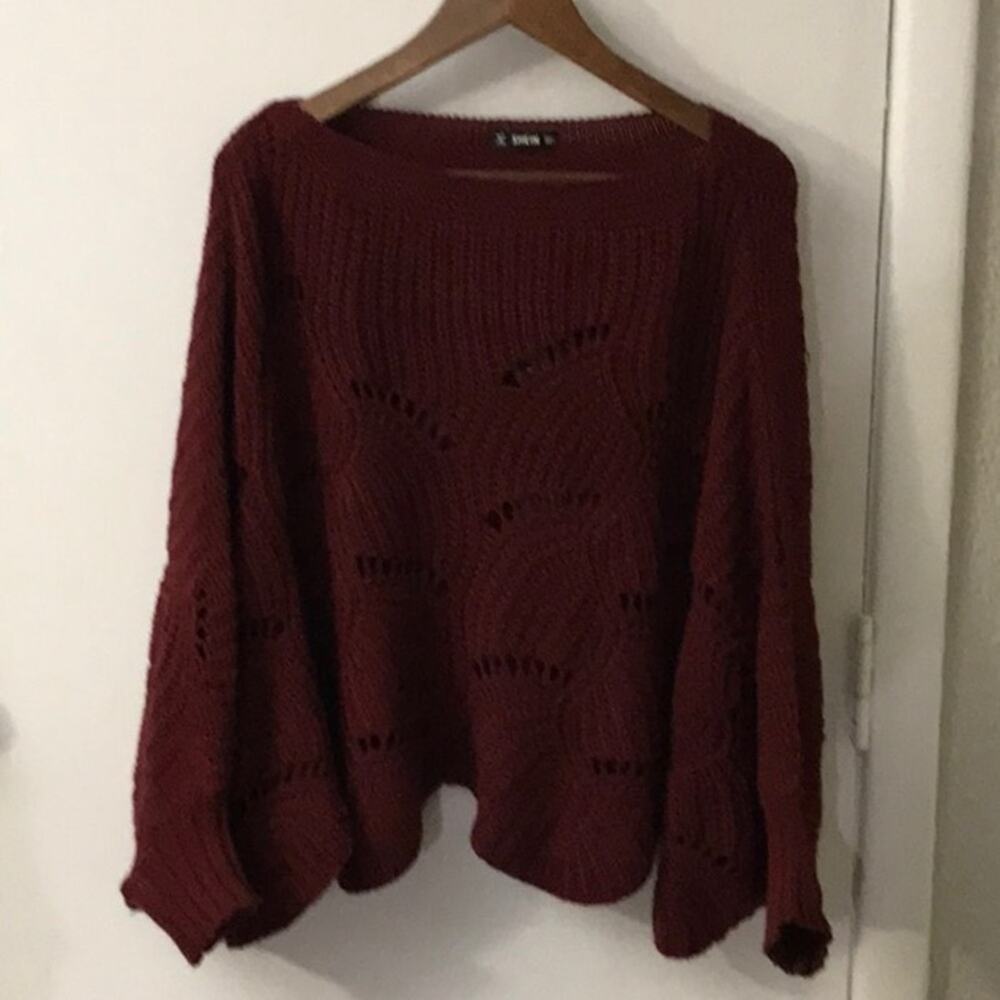 SHEIN Burgundy Chunky Sweater Poncho Sleeves S Grandmacore Cozy Comfy Winter - Picture 5 of 9